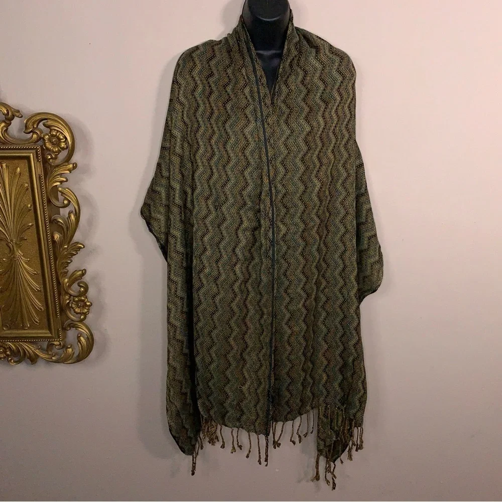 Vintage Isabella Scarf Wrap Olive Green Beige Fringe Boho Bohemian Geometric